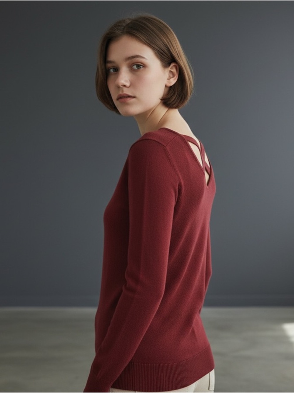 Crisscross Back V-Neck Sweater - Rust Red